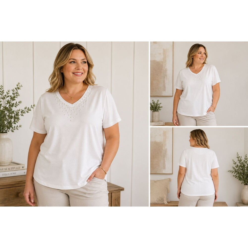 Allison Daley Women's 2X White Short Sleeve Cotton Top Neckline Embellished